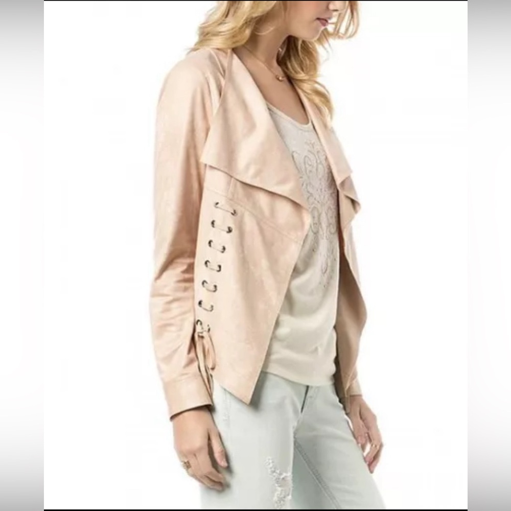 Miss Me Jacket Women Small Beige Crop Faux Suede Criss Cross Lace Up Fairygoth